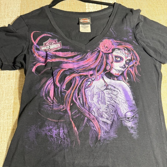 Harley-Davidson Black, Pink & Purple Short Sleeve Top Size L - Picture 1 of 7